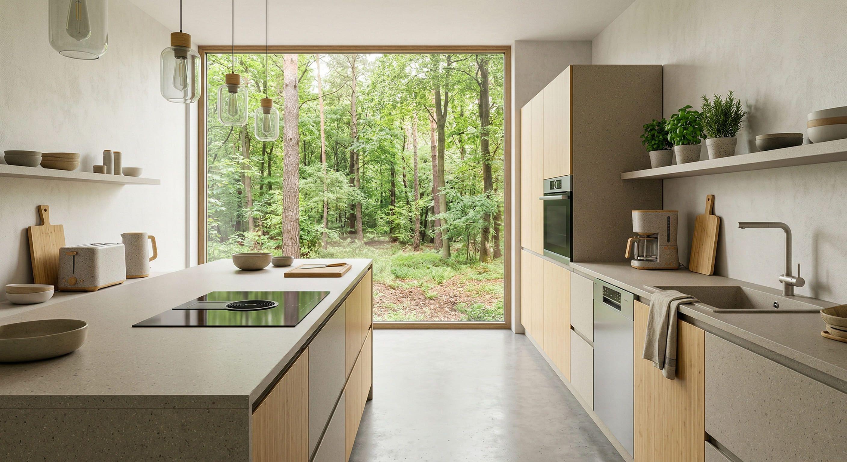 Moderne Küche mit großer Fensterfront zum Wald, Kücheninsel mit Kochfeld, helle Holzfronten und minimalistisches Design.