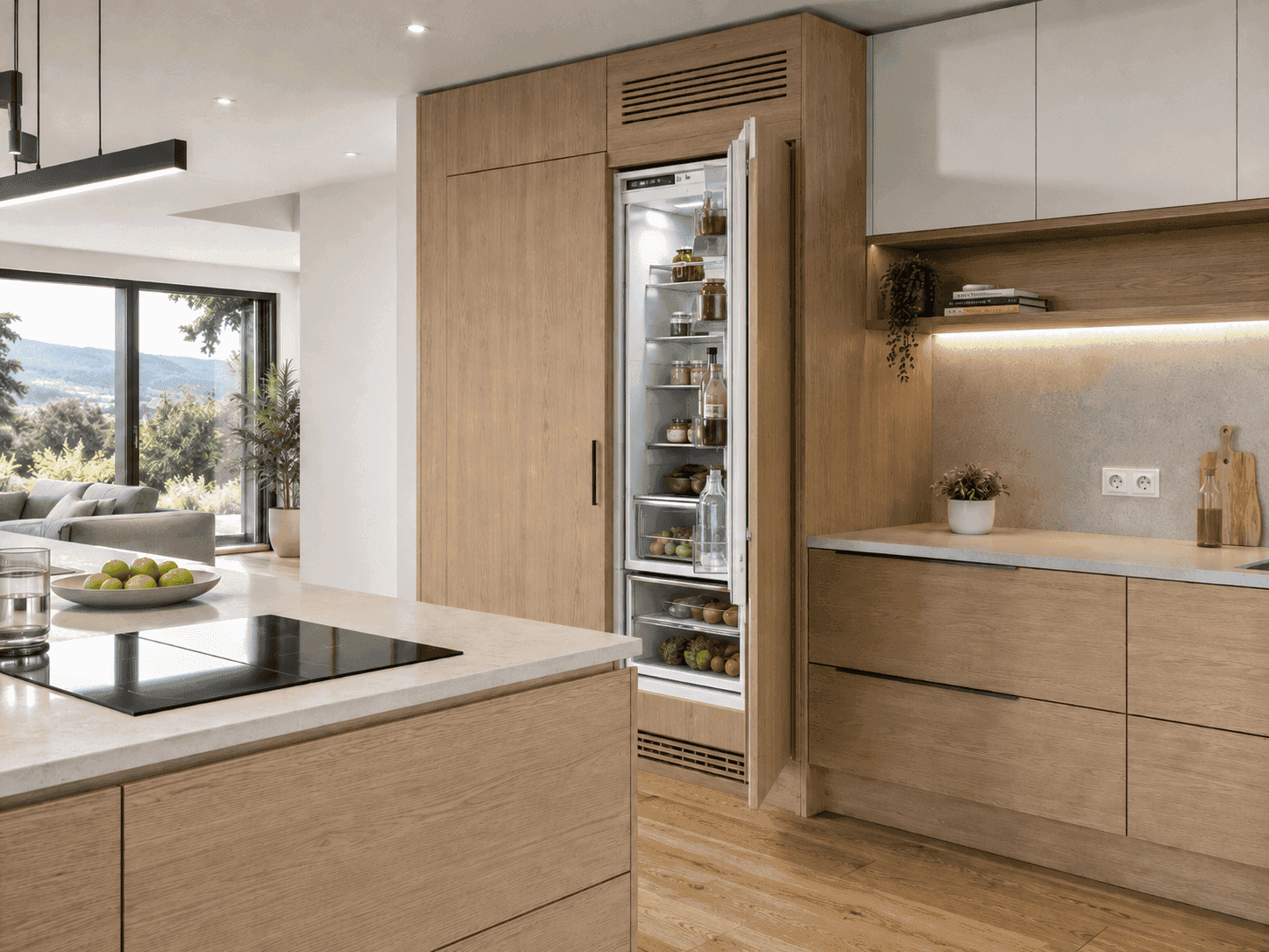 Moderne Küche mit offenem, eingebautem Kühlschrank in Holzschrankfronten und Kochinsel mit Induktionsfeld.