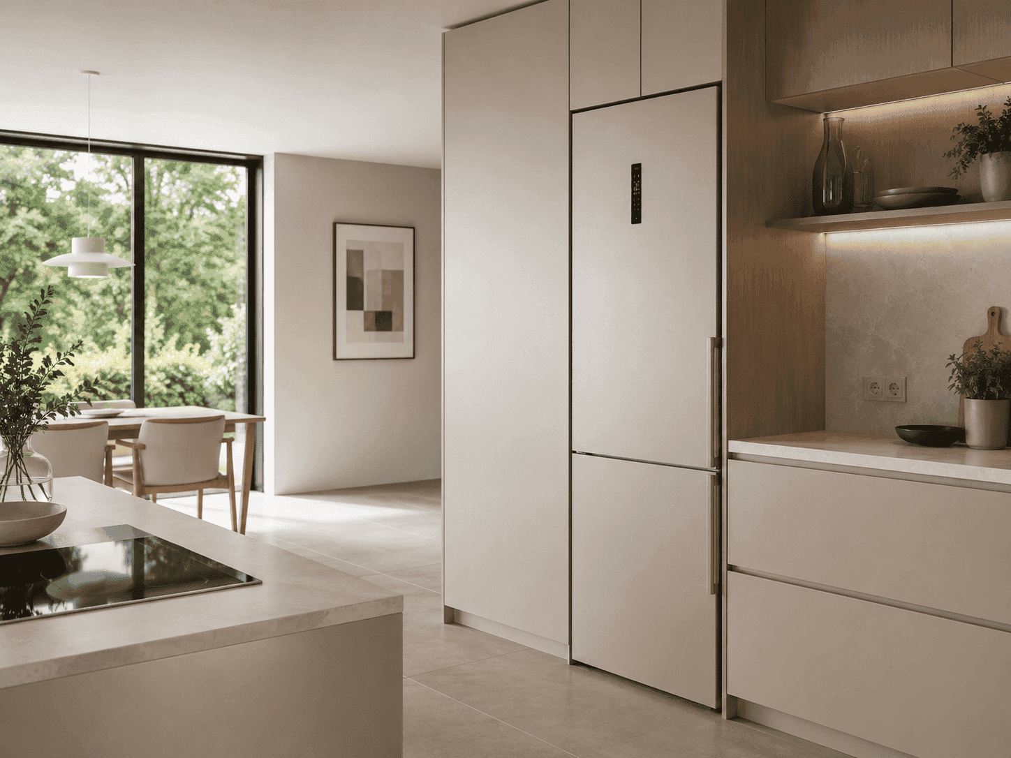 Moderner integrierter Kühlschrank in einer hellen Küche mit minimalistischer Einrichtung und großem Fenster im Hintergrund.