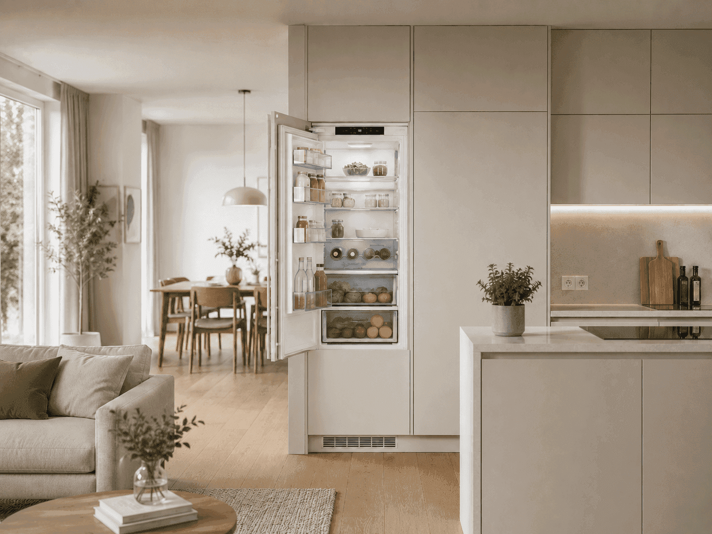Offener integrierter Kühlschrank in einer ruhigen, offenen Wohnküche mit hellem Holzfußboden und moderner Einrichtung.