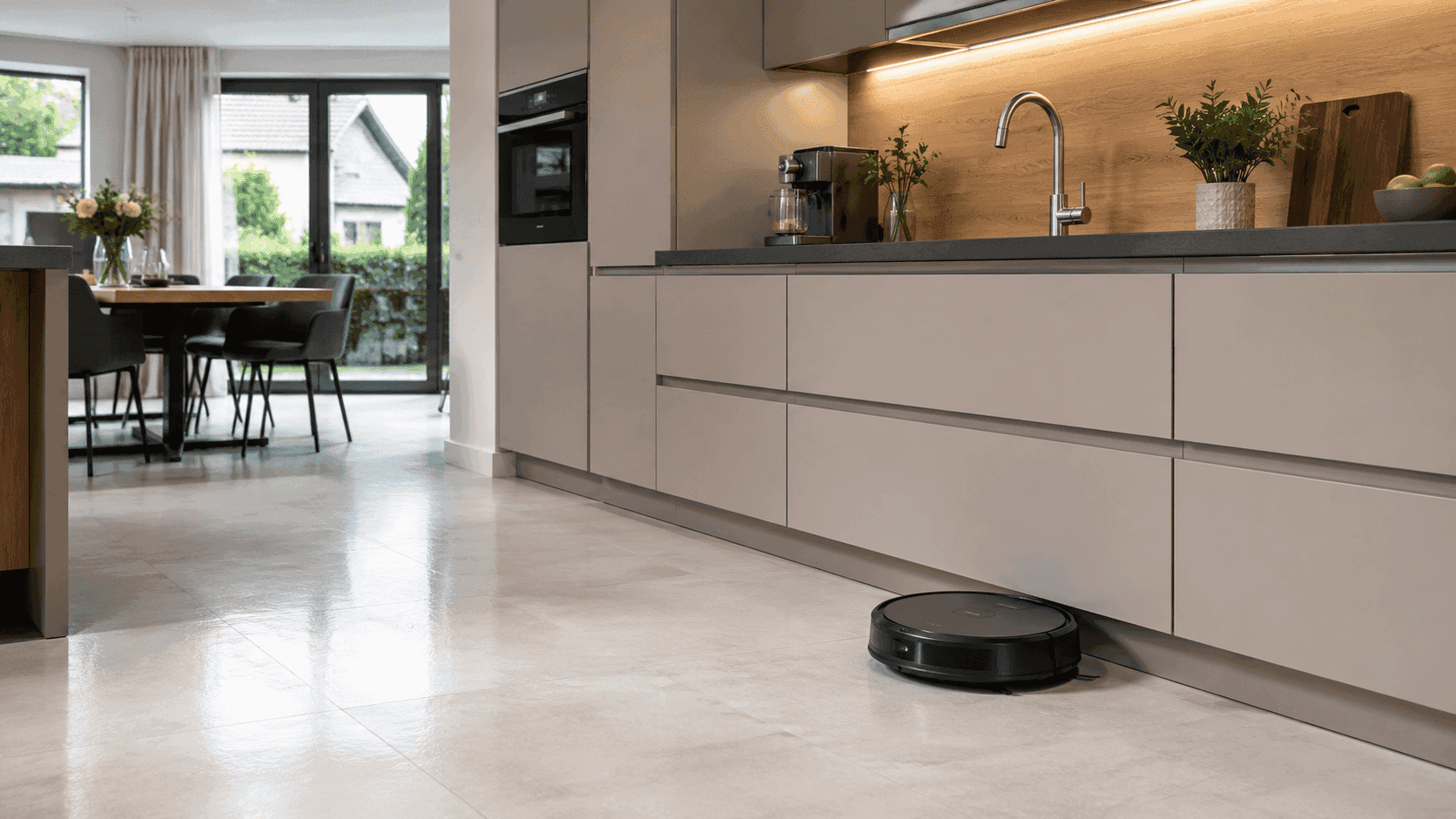 Saug- und Wischroboter fährt auf hellem Küchenboden vor modernen Küchenunterschränken mit integriertem Spülbecken.