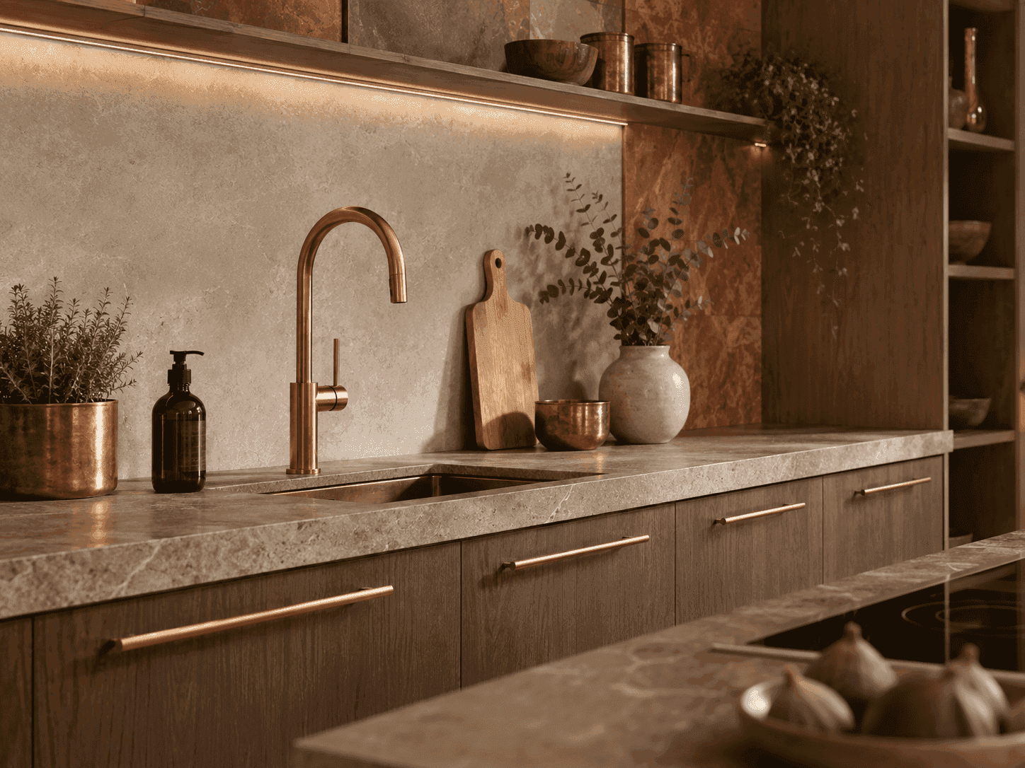 Warme Holzküche mit Naturstein-Arbeitsplatte und Kupferarmatur.